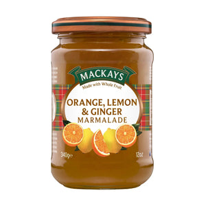 Jar of Mackays Orange, Lemon & Ginger Marmalade with fruit illustrations and plaid label