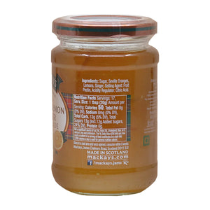 Jar of Mackays Orange Lemon Ginger marmalade showing nutrition facts and ingredients label