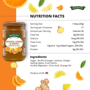 Mackays Orange Lemon & Ginger Marmalade jar with nutrition facts and ingredients on white and orange background