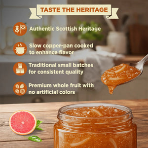 Pink grapefruit marmalade in a glass jar with spoon, fresh fruit, and key product features listed.