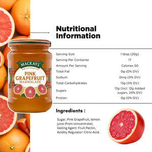 Mackays pink grapefruit marmalade jar with sliced grapefruits, nutritional info and ingredients list.