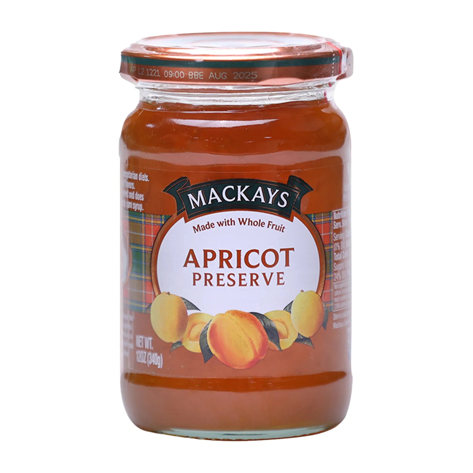 Jar of Mackays Apricot Preserve made with whole fruit, 12 oz, with apricot illustrations