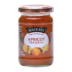 Jar of Mackays Apricot Preserve made with whole fruit, 12 oz, with apricot illustrations