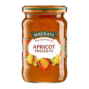 Mackays Apricot Preserve jar with whole fruit, 340g, product label and apricot illustration
