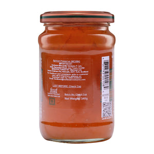 Back view of apricot preserve jar with label details and barcode, 340g net weight.