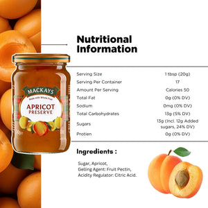 Glass jar of Mackays apricot preserve with apricots, nutrition facts, and ingredients list.