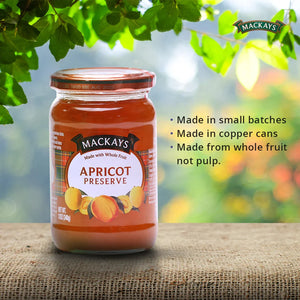 Mackays Apricot Preserve jar on rustic burlap with green leaves and product benefits text