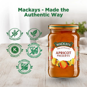Mackays Apricot Preserve jar on table, highlighting vegan, gluten-free, kosher and no artificial preservatives.