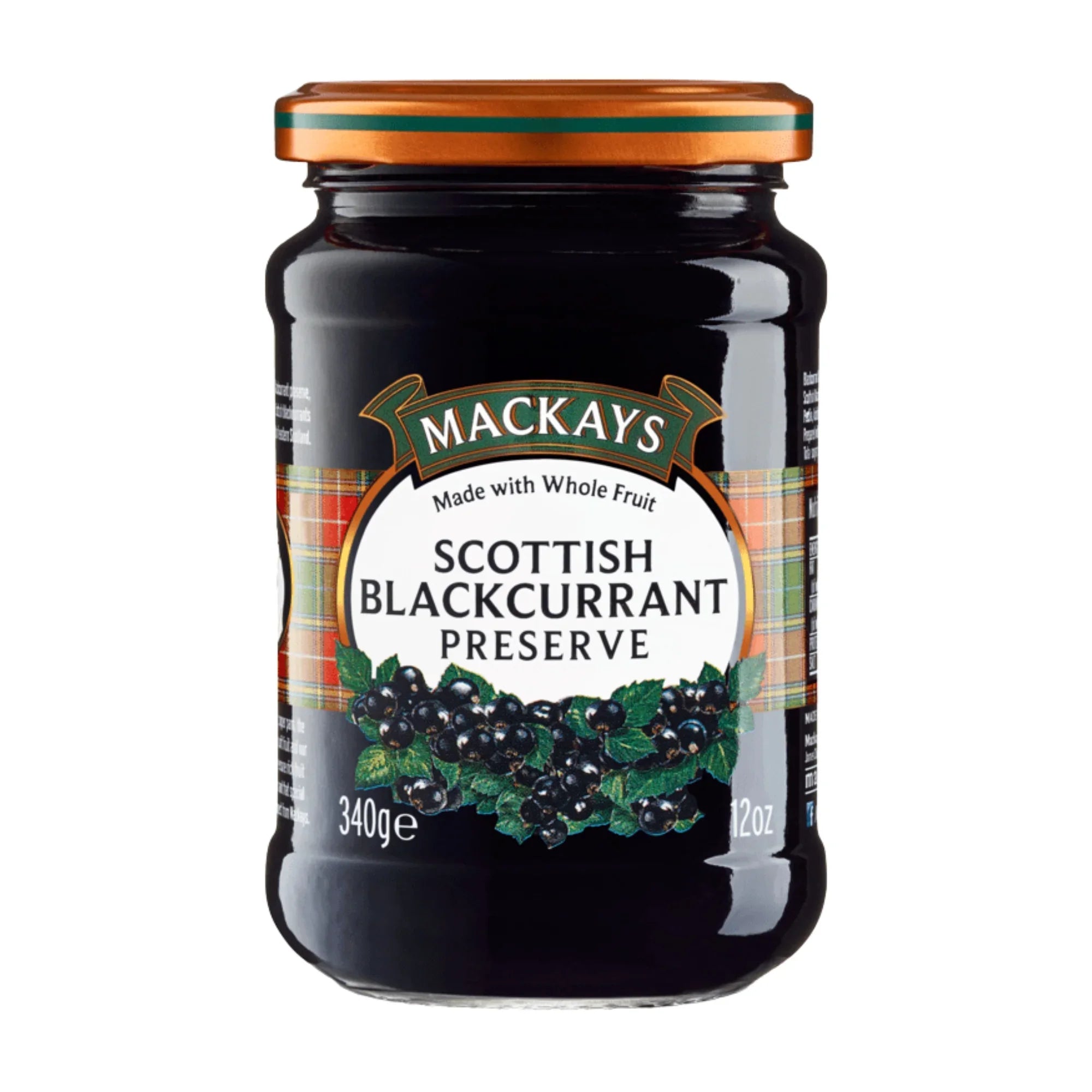 Mackays Scottish Blackcurrant Preserve jar, 340g, with orange lid and tartan label