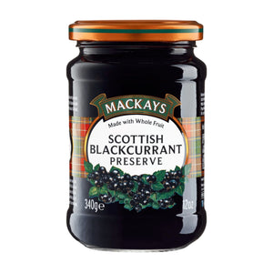 Mackays Scottish Blackcurrant Preserve jar, 340g, with orange lid and tartan label
