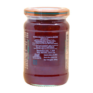 Jar of Mackays Scottish Strawberry Preserve with orange lid, visible label and net weight 340g