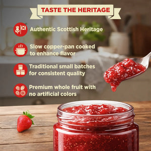 Scottish strawberry preserve in a jar with a spoonful, fresh strawberry, feature highlights