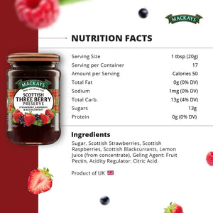 Mackays Scottish Three Berry Preserve jar with nutrition facts and ingredients on white background