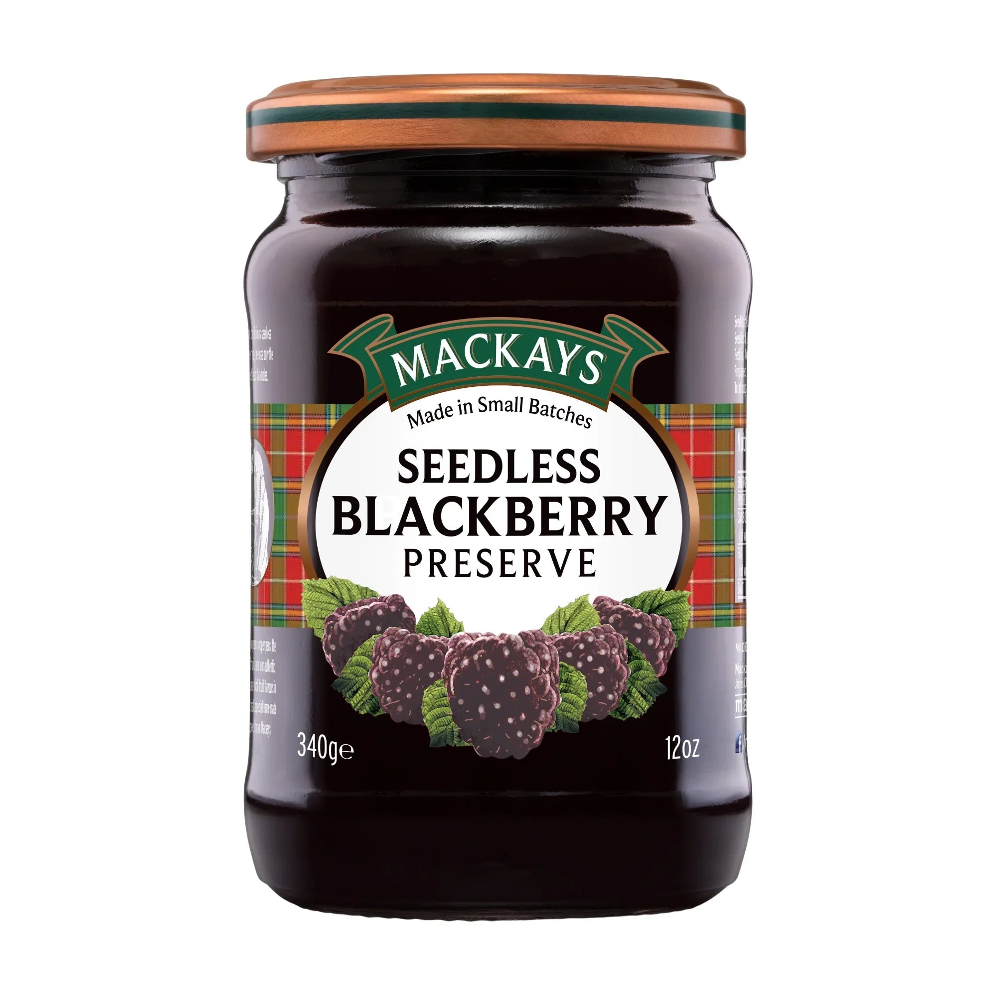 Glass jar of seedless blackberry preserve with fruit illustration and tartan label design