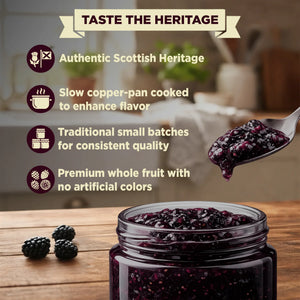 Seedless blackberry preserve in a glass jar with blackberries and spoon, kitchen background, product highlights text overlay