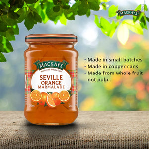 Mackays Seville Orange Marmalade jar on burlap with green leaves and product benefits text