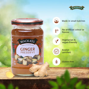 Mackays Ginger Preserve jar on wooden surface with fresh ginger roots and product benefits listed