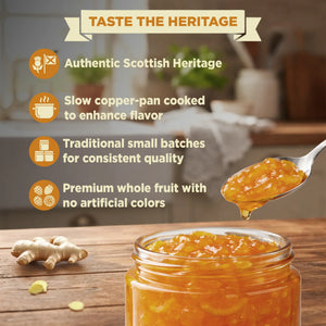 Open jar of spiced ginger marmalade with spoon, fresh ginger, and product benefits text.