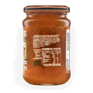 Glass jar of sweet Navelina orange marmalade with visible back label and nutrition facts
