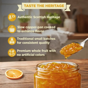 Spoonful of orange marmalade above a glass jar on a wooden table, sliced orange nearby, product benefits listed in background.