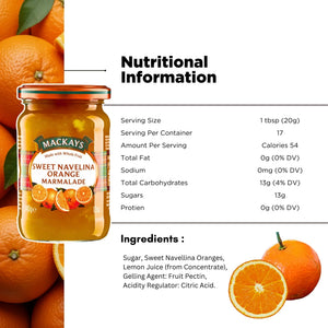 Jar of Mackays Sweet Navelina Orange Marmalade with oranges, nutrition facts, and ingredients list.