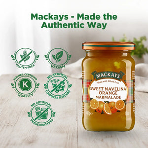 Mackays Sweet Navelina Orange Marmalade jar on wooden table with gluten-free, vegan, kosher, no artificial colors, and preservative-free icons.