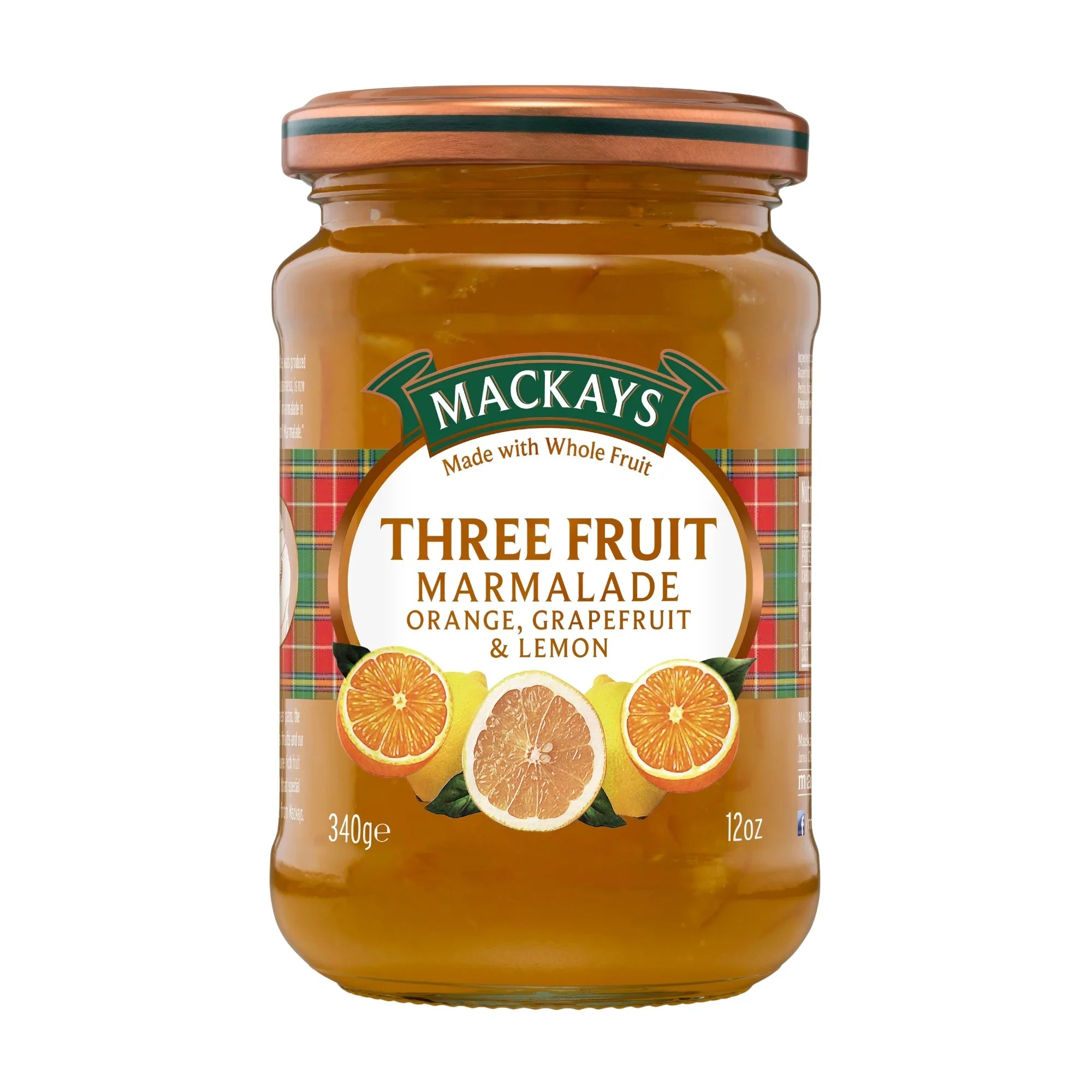 Mackays Three Fruit Marmalade jar with orange, grapefruit, and lemon on label, 340g