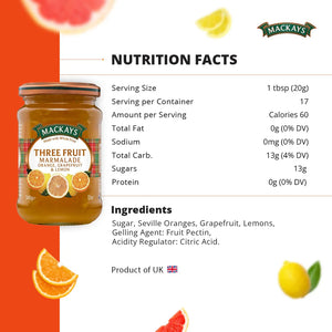 Mackays Three Fruit Marmalade jar with nutrition facts and ingredients including orange, grapefruit, and lemon