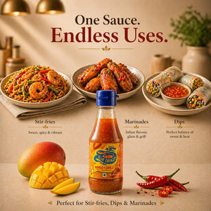 Blue Dragon Mango Chilli sauce bottle with stir-fried noodles, chicken wings, fresh spring rolls, mango, and chili peppers, ideal for stir-fries, dips, and marinades.