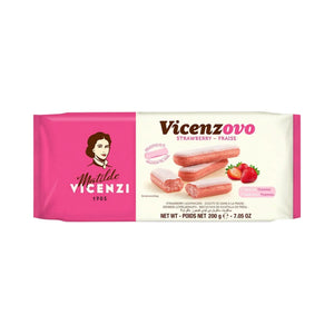 Matilde Vicenzi Vicenzovo strawberry ladyfingers pack with image of pink ladyfingers and fresh strawberries