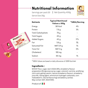 Matilde Vicenzi Vicenzovo strawberry biscuit package with nutritional facts and ingredients on pink background