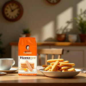 Vicenzovo Italian ladyfinger biscuits 400g pack and bowl of biscuits on a light wooden table