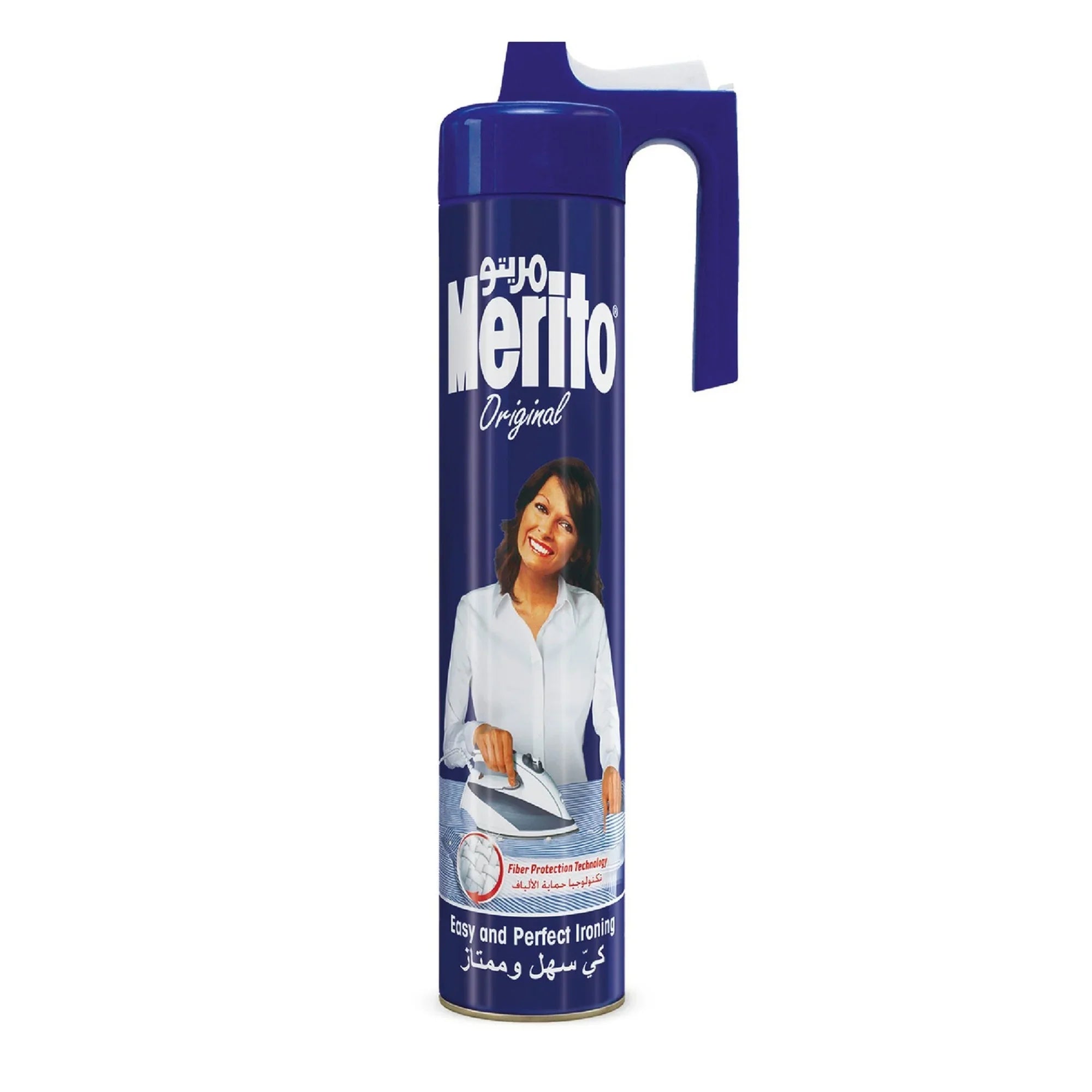 Merito Original spray starch can with handle, featuring smiling woman ironing shirt, blue packaging