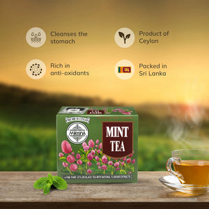 Ceylon mint tea box with mint leaves, glass cup of tea, and health benefits icons.