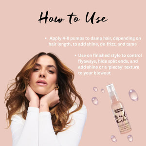 Woman with styled wavy hair and Umberto Giannini Miracle Worker Smooth Serum bottle with usage instructions on pink background