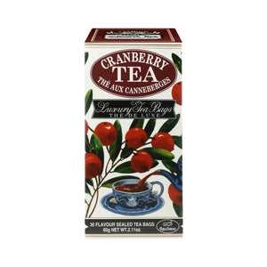 Cranberry tea box with red berries, teacup illustration, and luxury tea bags label