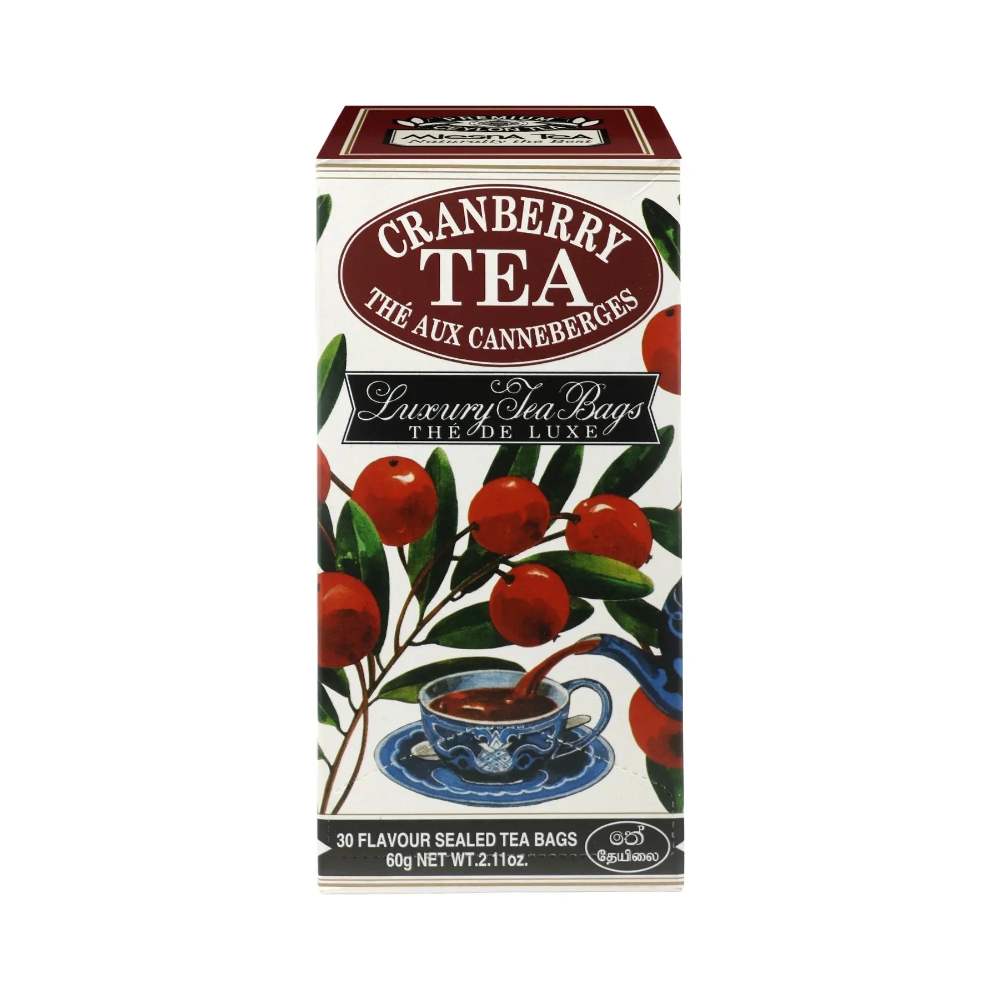 Cranberry tea box with red berries, teacup illustration, and luxury tea bags label