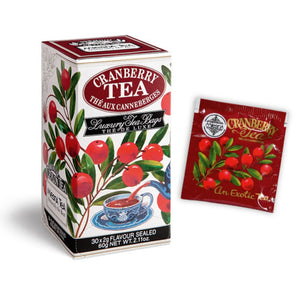 Cranberry tea box with vibrant cranberry illustrations and single sealed tea bag sachet.