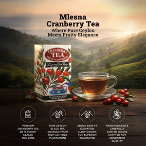 Box of cranberry tea with cup of brewed tea on saucer, cranberries, and scenic plantation view