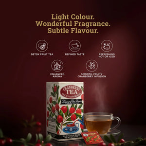 Cranberry tea box with glass cup of tea, cranberry sachet, and cranberry-themed design.