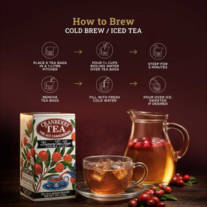 Cranberry tea box, glass pitcher with cranberry iced tea, cup with ice, fresh cranberries, brewing instructions