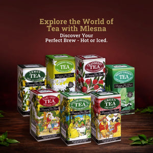 Assorted Mlesna tea boxes including cranberry, mint green, lemon, jasmine, earl grey, English breakfast, and green tea on wooden surface.