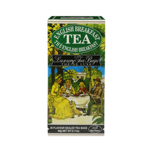 English Breakfast Tea box with vintage family illustration and green label, 30 sealed tea bags