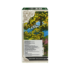 Ceylon black tea box with floral illustration, ingredient label, and vibrant tree artwork