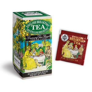 English Breakfast Tea box and sachet with Victorian tea party illustration, 60g, fine Ceylon blend