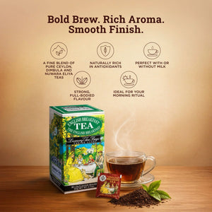 Box of English Breakfast tea with tea cup, loose leaves, and key benefits highlighted.