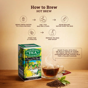 English Breakfast tea box beside brewed tea cup, tea leaves, and hot brew instructions on background.