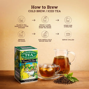 English Breakfast tea box, iced tea glass, pitcher, loose tea, mint leaves, and brew instructions.