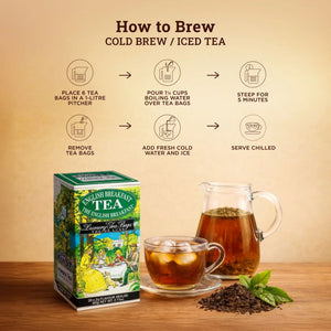 English Breakfast tea box, iced tea glass, pitcher, loose tea, mint leaves, and brew instructions.