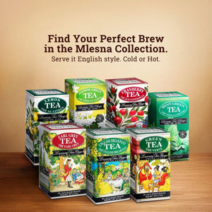 Assorted Mlesna tea boxes, including English Breakfast, Earl Grey, Green, and flavored teas, on a wooden surface.